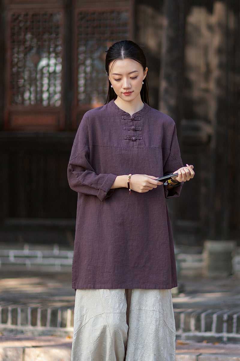 2026 Spring Retro Mandarin Collar Button-Down Cotton-Linen Blouse for Women: Chinese-Style Zen-Inspired Tea Ceremony Pullover, Ramie Stand-Up Collar Long-Sleeve Shirt