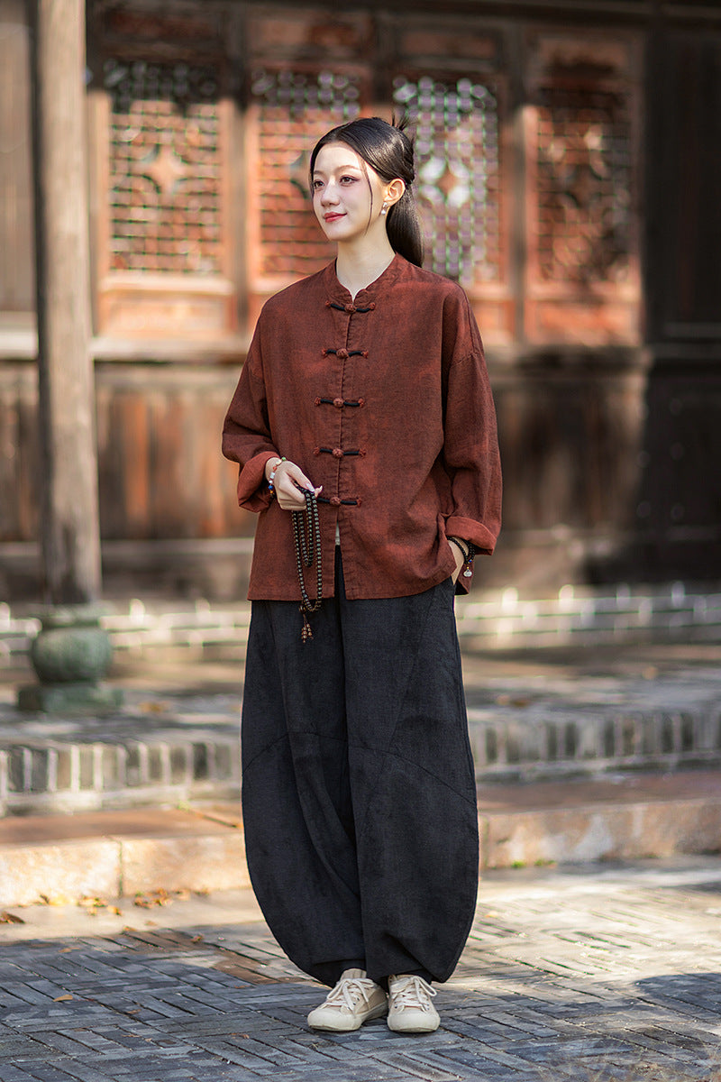 2026 Spring New Arrival: Chinese-Style Retro Double-Breasted Color-Blocked Button-Down Shirt, Women's Modernized Stand-Up Collar Ombre-Dye Tang-Style Cardigan