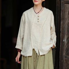 Woman Vintage Chinese Long Sleeve Cotton Linen Shirt with Embroidery V-Neck Loose Top 20240920