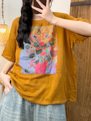 Women Loose-fitting printed T-shirt Summer Artsy Flower O-Neck Shirt