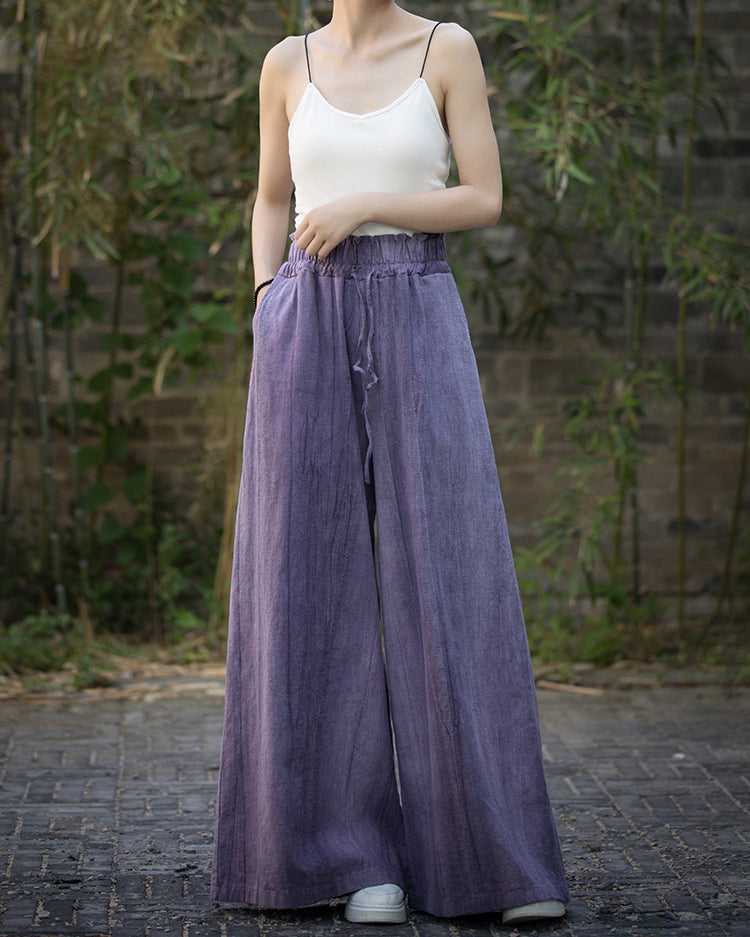 Ramie Handmade Tie-Dye Tied Mid-Waist Wide-Leg Pants, Vintage Elastic Waist Casual Trousers 20240722