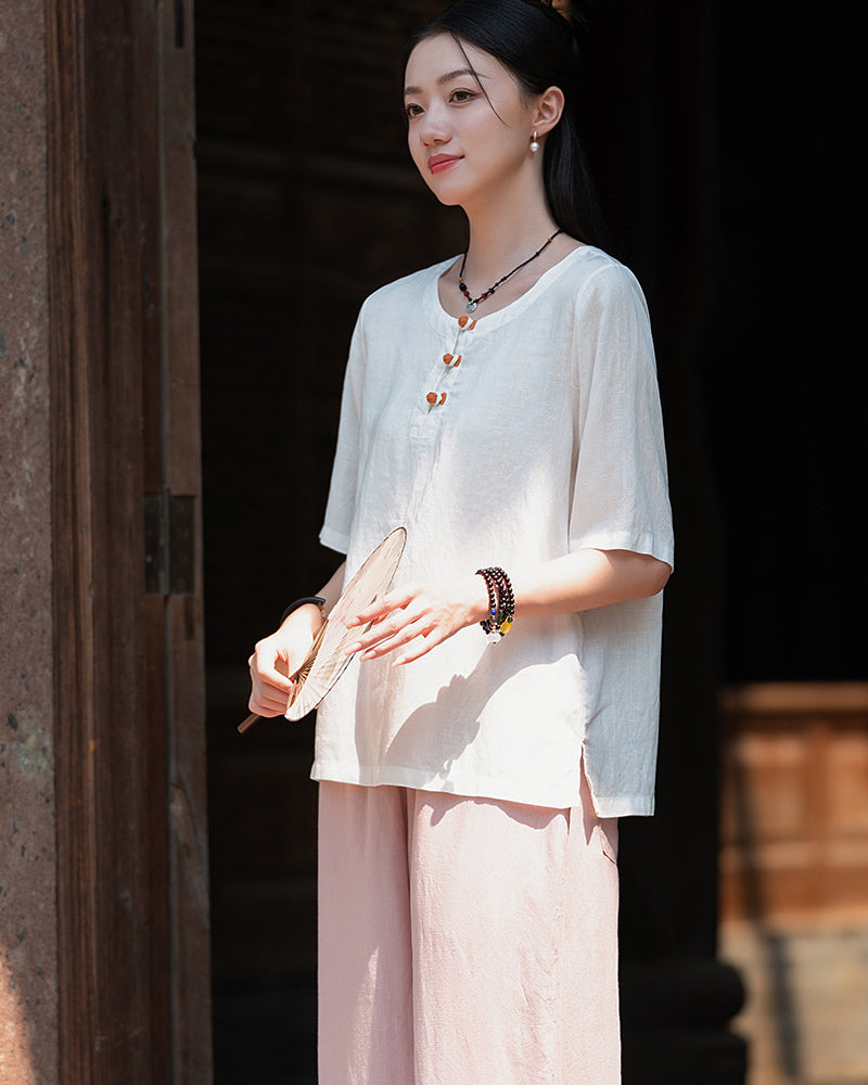 Frog Button Cotton  Linen Shirt, Summer Chinese Vintage Women Sandwashed Cotton  Linen T-shirt 20240728