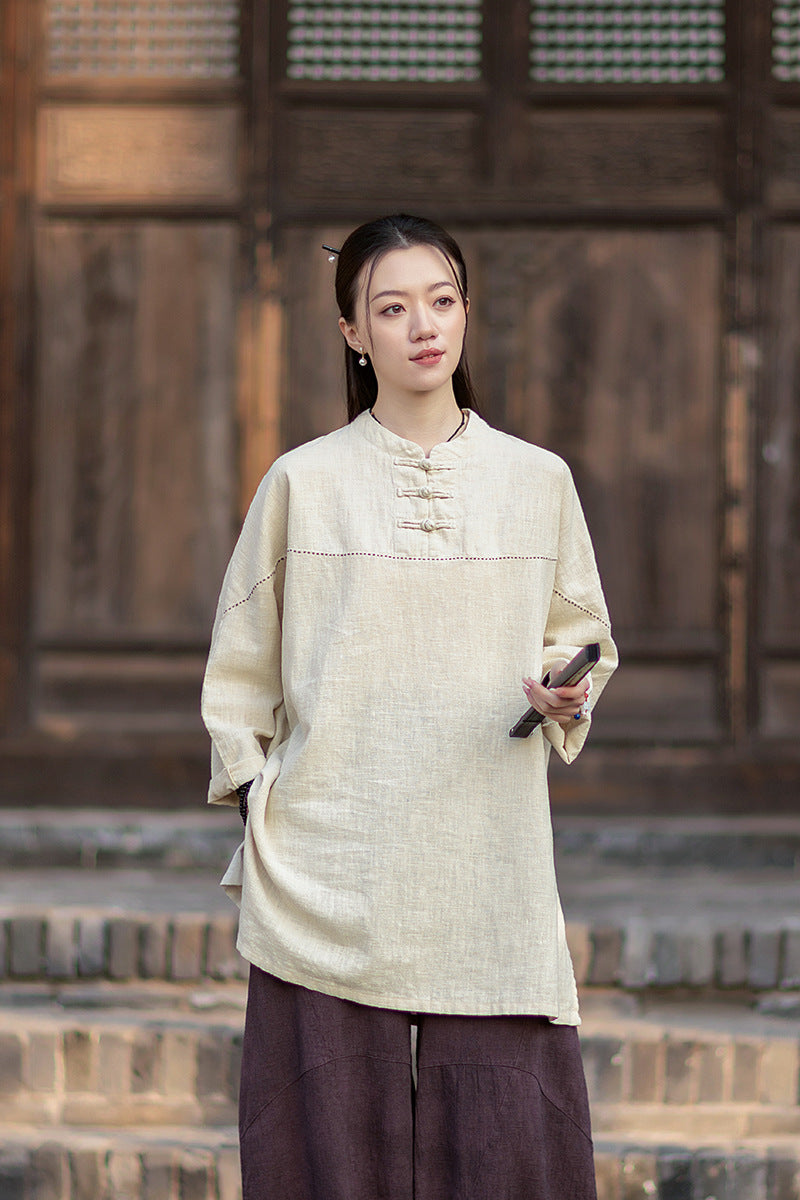 2026 Spring Retro Mandarin Collar Button-Down Cotton-Linen Blouse for Women: Chinese-Style Zen-Inspired Tea Ceremony Pullover, Ramie Stand-Up Collar Long-Sleeve Shirt