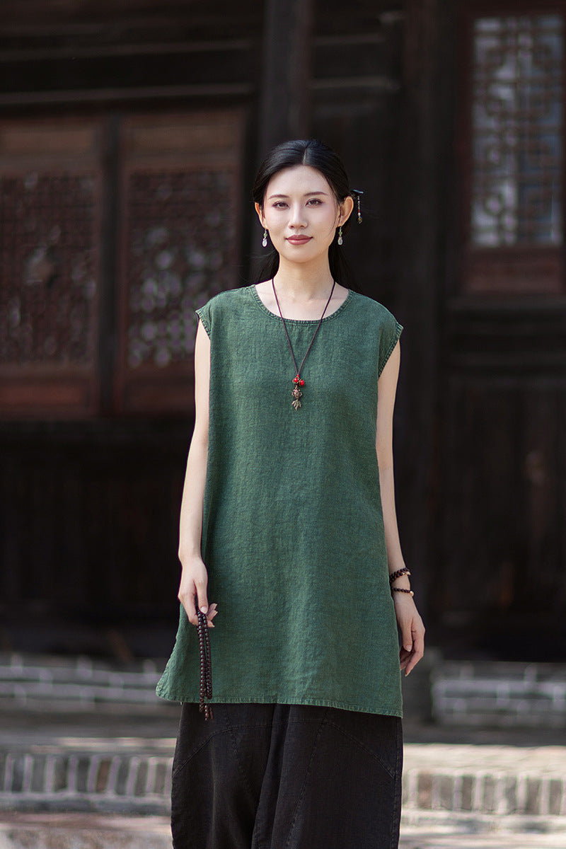 New Vintage-Style Ombré Distressed Versatile Lightweight Sleeveless Dress for Women: Round-Neck Linen Tank Dress 20260511