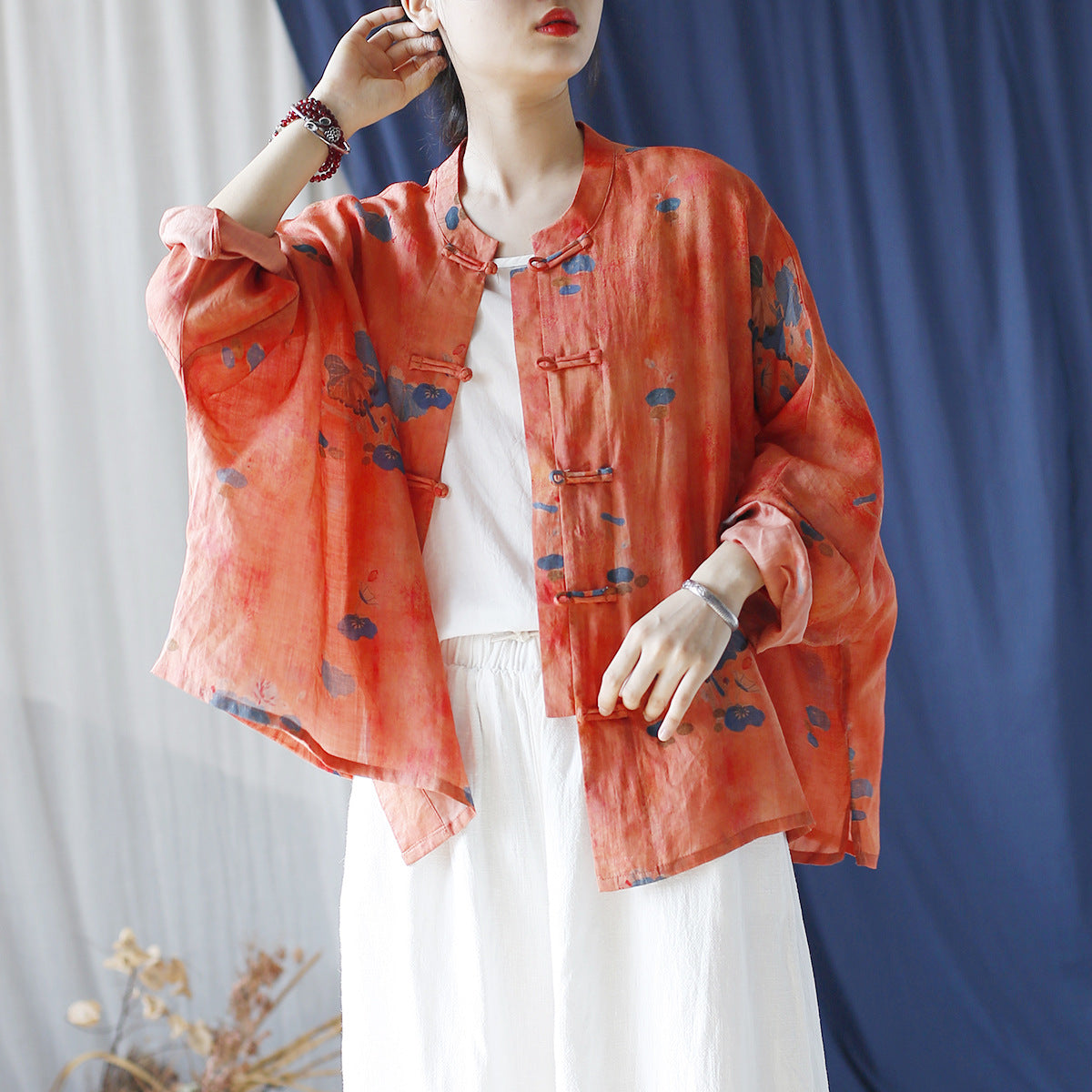 Printed Standing Collar Women Ramie Frog Button Shirt, Summer Vintage Loose Light Cardigan Plus size 20240802