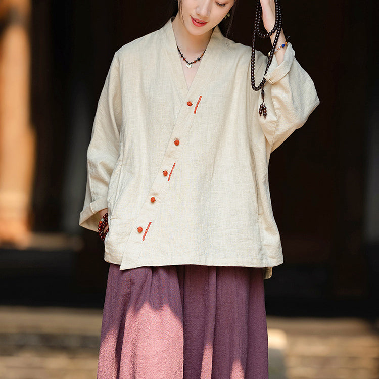 Women's Vintage Chinese Long Sleeve Cotton Linen Shirt with Embroidery V-Neck Loose Kimono 20240920