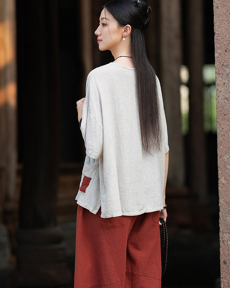 Frog button V-neck patchwork cotton  linen T-shirt, summer Chinese retro women sandwashed loose cotton  linen T-shirt 20240728