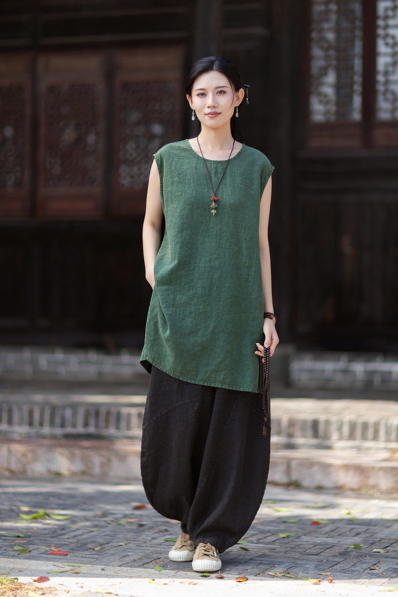 New Vintage-Style Ombré Distressed Versatile Lightweight Sleeveless Dress for Women: Round-Neck Linen Tank Dress 20260511