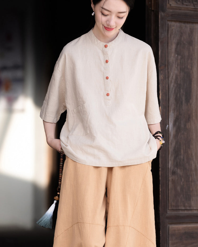 Original cotton  linen women's clothing, summer Chinese retro women's sandwashed cotton T-shirt 20240728