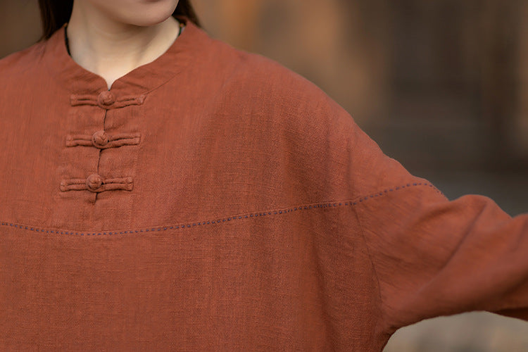 2026 Spring Retro Mandarin Collar Button-Down Cotton-Linen Blouse for Women: Chinese-Style Zen-Inspired Tea Ceremony Pullover, Ramie Stand-Up Collar Long-Sleeve Shirt