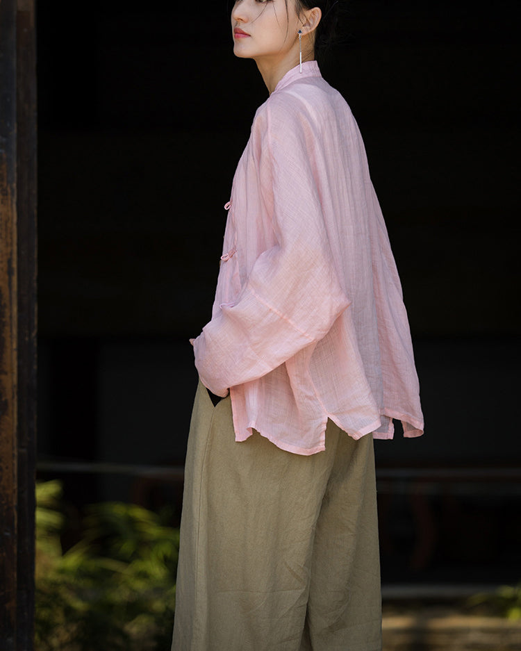 Summer Ramie Chinese Standing Collar Shirt,Sand Washed Frog Button Women's Long Sleeve Shirt 20240714