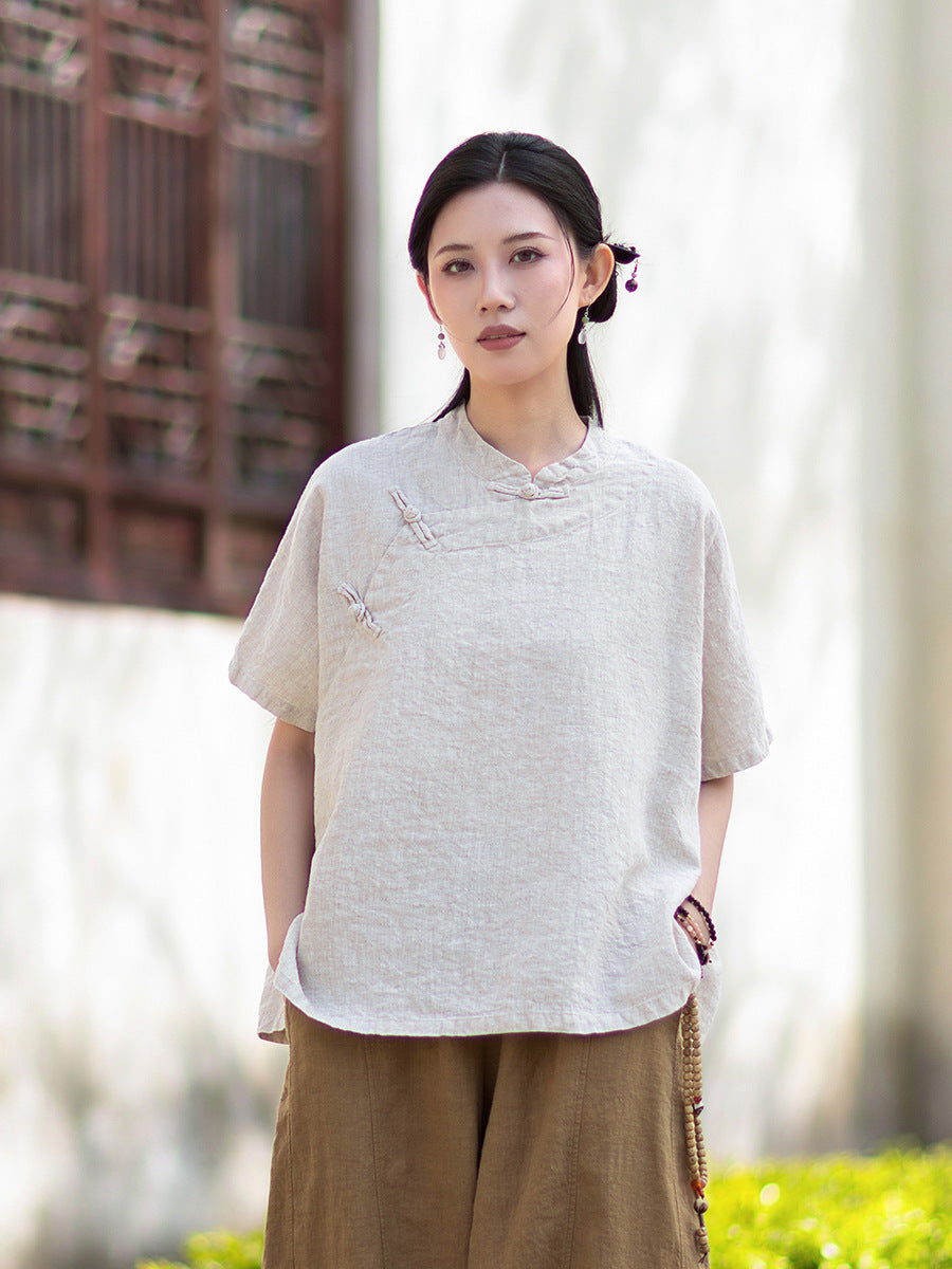 Women's Lightweight Linen Vintage-Style Summer Shirt, New Arrival: Zen-Inspired Stand-Up Collar with Button Closure 20260511
