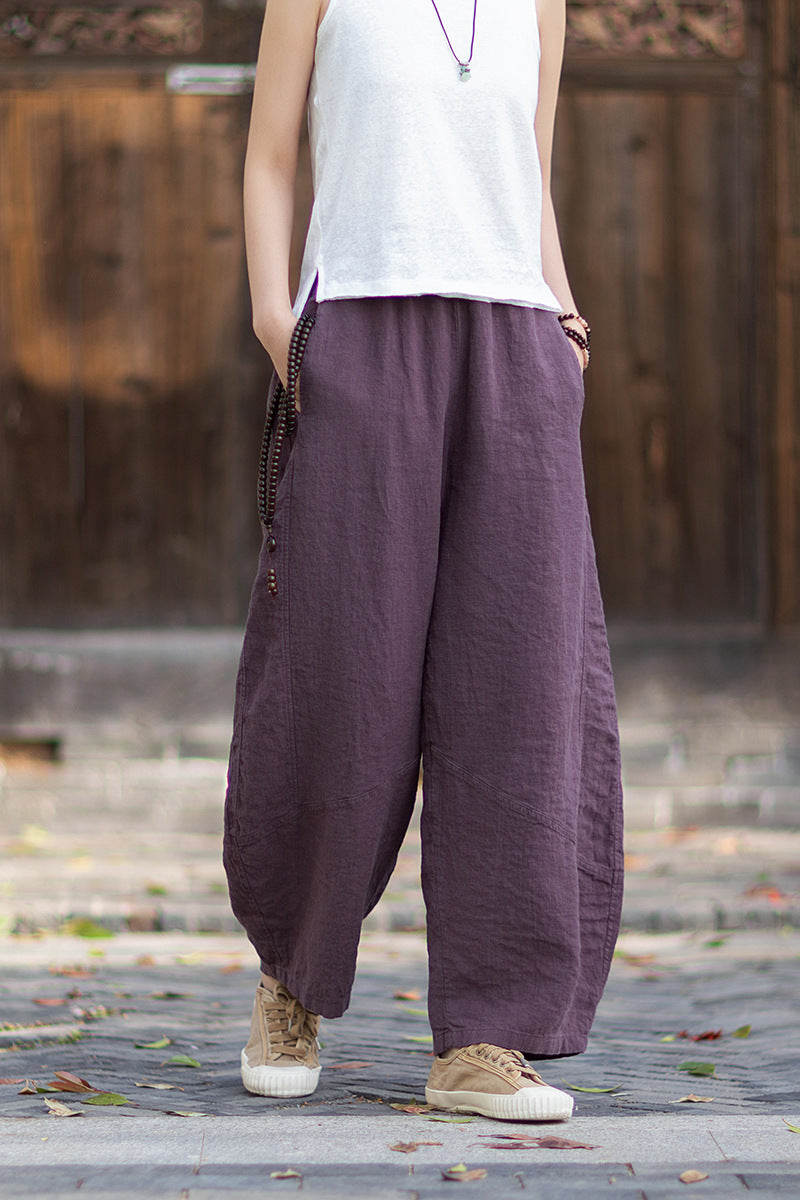 New Summer Arrival: Women's Artistic-Style Lightweight Linen Casual Pants with Elastic Waistband, Sandwashed, Distressed, Patchwork, and Cropped Bell-Bottom Design 20260511
