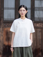 Women's Cotton-Linen Retro Zen-Inspired Stand-Collar Shirt with Stitched Buttonholes and Asymmetrical Hem 20260511