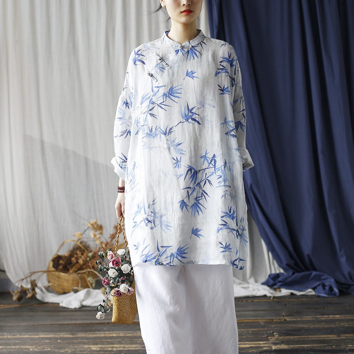 Summer Printed Standing Collar Chinese Frog Button Casual Shirt, Loose Ramie Shirt 20240803