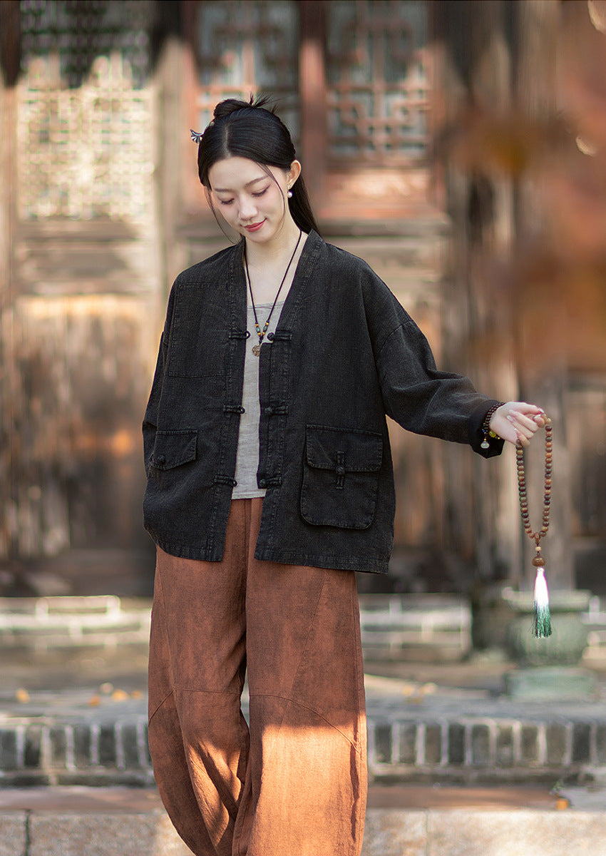 2026 Spring New Arrival: Vintage-inspired, distressed, sand-washed asymmetrical cardigan; niche-style patchwork V-neck cotton-linen jacket with button closures