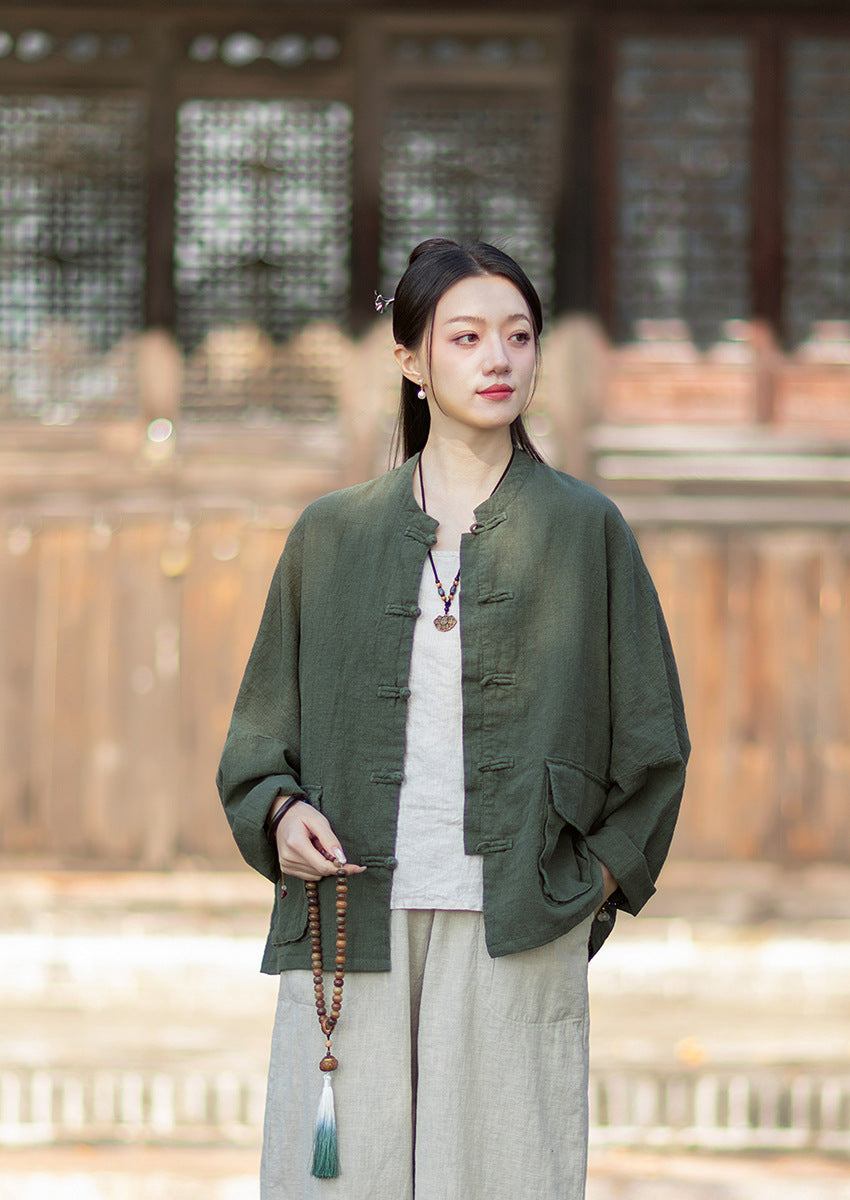 2026 Spring New Arrival: Original Vintage-Inspired Linen-Cotton Women's Cardigan, Loose-Fit Jacket with Stand-Up Collar and Button Closure