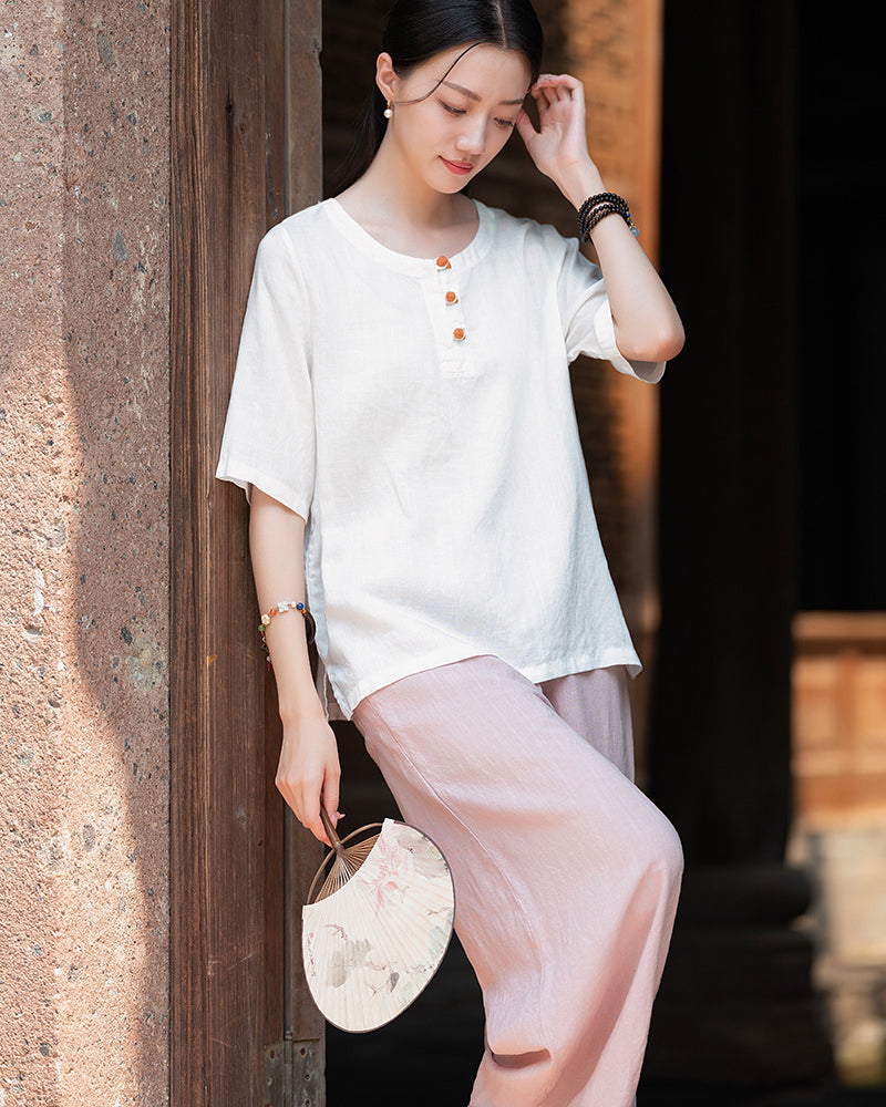 Frog Button Cotton  Linen Shirt, Summer Chinese Vintage Women Sandwashed Cotton  Linen T-shirt 20240728