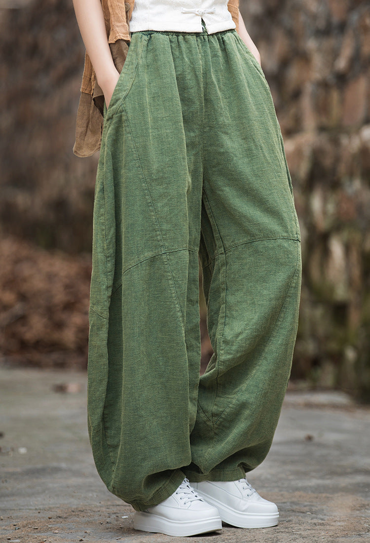 Women loose stone washed linen harem pants, summer cotton linen tapered pants, vintage elastic waist cotton linen wide leg pants