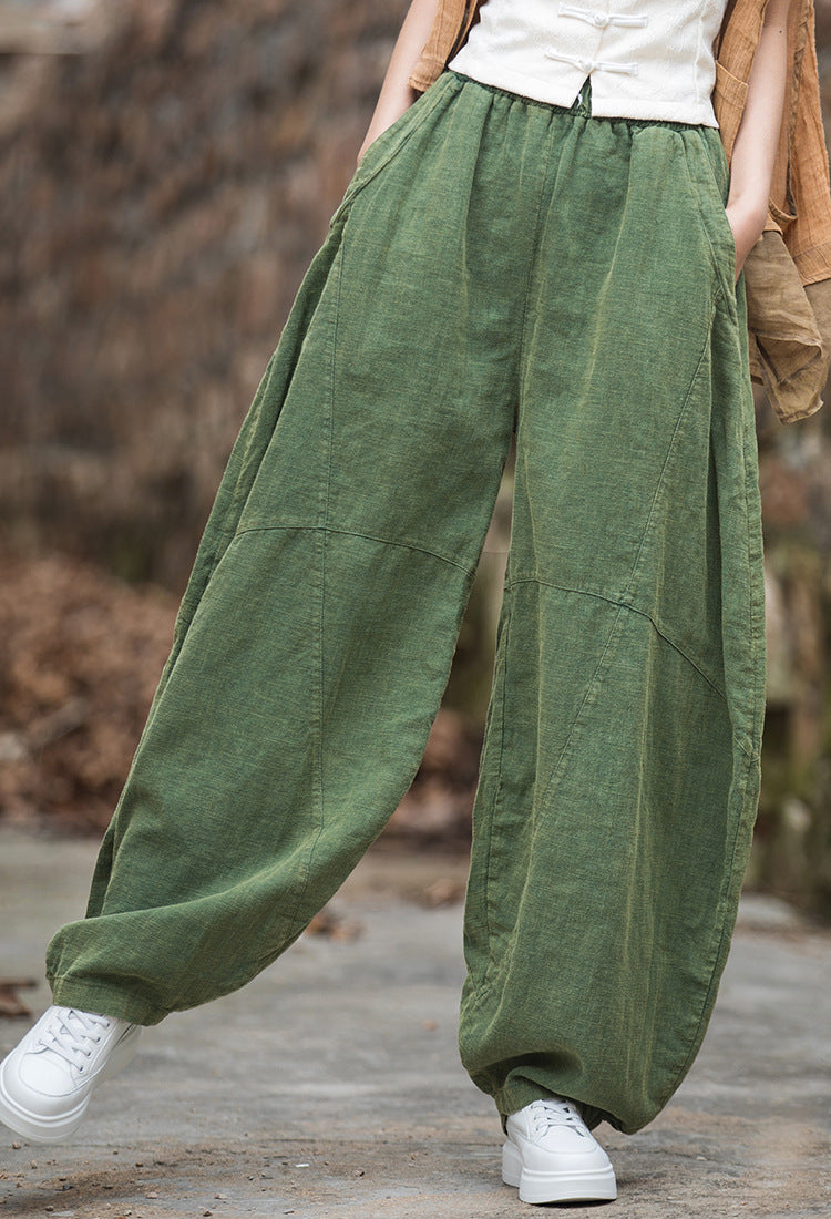 Women loose stone washed linen harem pants, summer cotton linen tapered pants, vintage elastic waist cotton linen wide leg pants