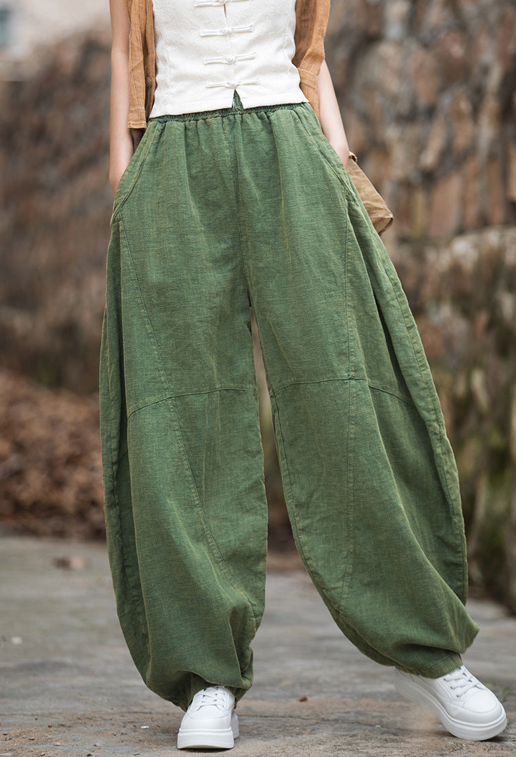 Women loose stone washed linen harem pants, summer cotton linen tapered pants, vintage elastic waist cotton linen wide leg pants