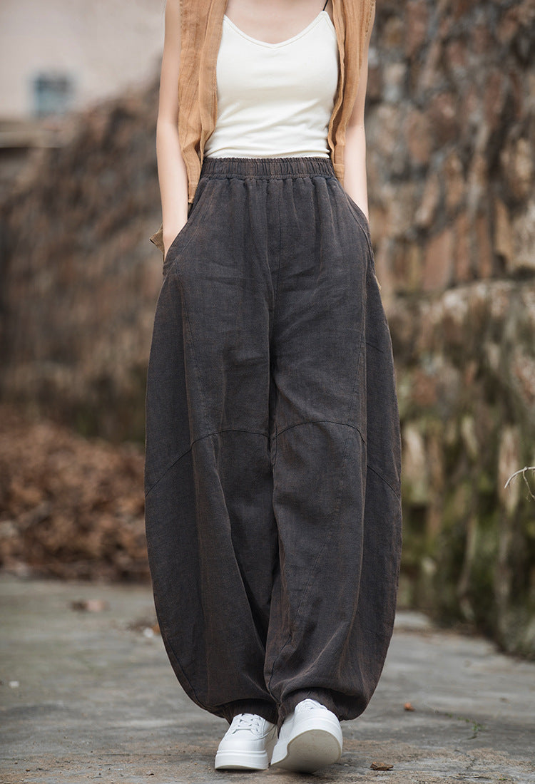 Women loose stone washed linen harem pants, summer cotton linen tapered pants, vintage elastic waist cotton linen wide leg pants