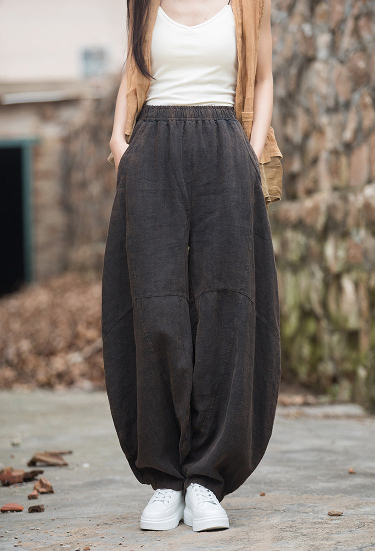 Women loose stone washed linen harem pants, summer cotton linen tapered pants, vintage elastic waist cotton linen wide leg pants