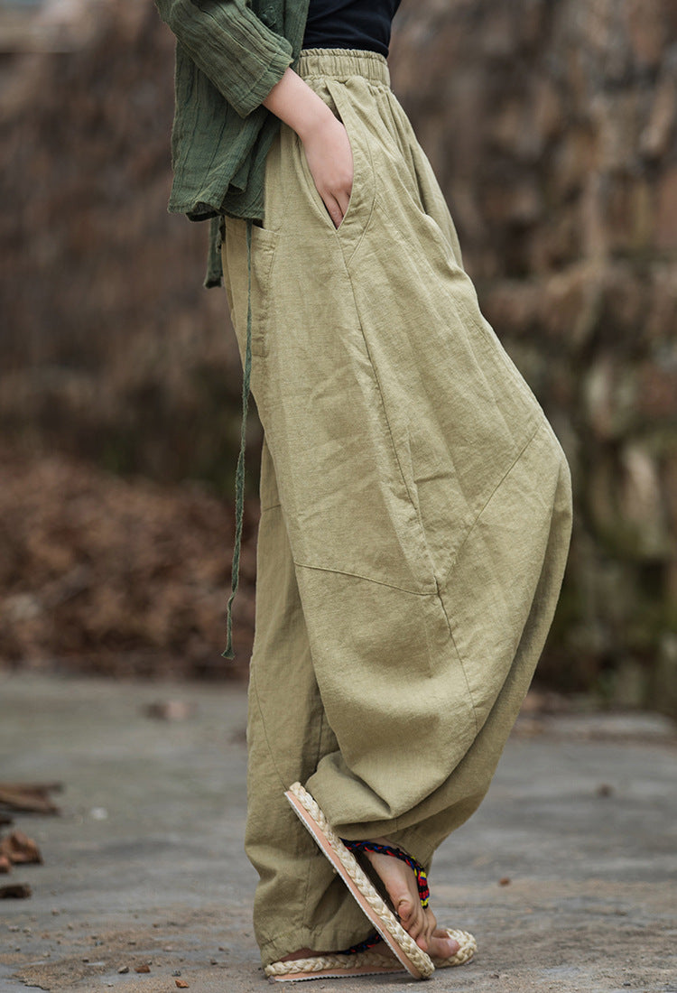 Women loose stone washed linen harem pants, summer cotton linen tapered pants, vintage elastic waist cotton linen wide leg pants