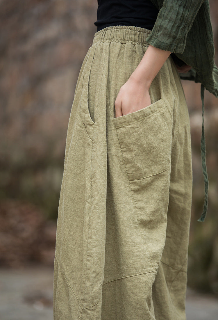 Women loose stone washed linen harem pants, summer cotton linen tapered pants, vintage elastic waist cotton linen wide leg pants