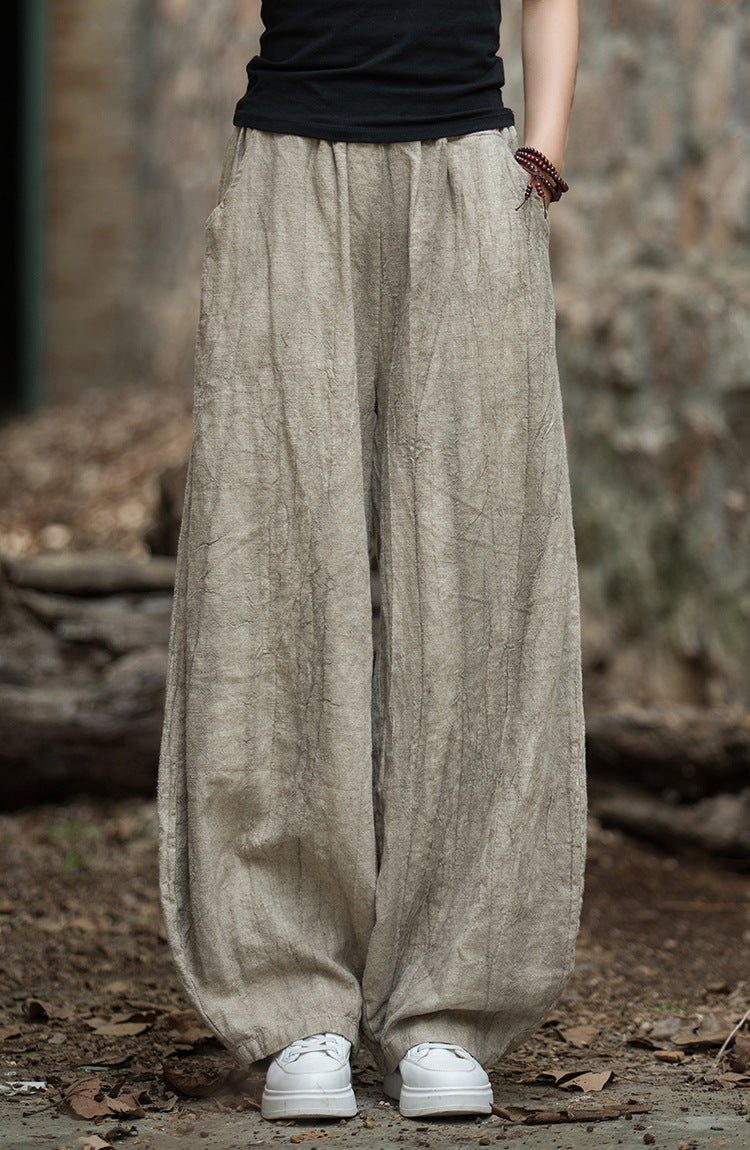 Linen pants, vintage women stonewashed linen wide leg pants, loose linen pants, elastic waist cotton linen casual pants, summer linen pants