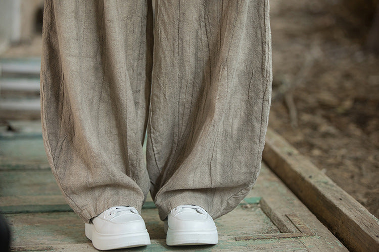 Linen pants, vintage women stonewashed linen wide leg pants, loose linen pants, elastic waist cotton linen casual pants, summer linen pants