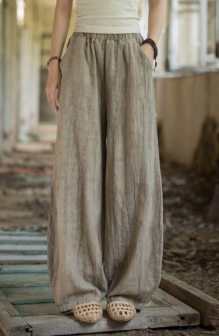 Linen pants, vintage women stonewashed linen wide leg pants, loose linen pants, elastic waist cotton linen casual pants, summer linen pants