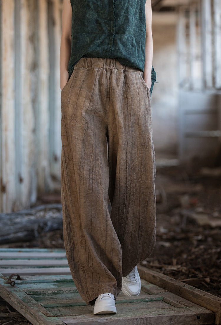 Linen pants, vintage women stonewashed linen wide leg pants, loose linen pants, elastic waist cotton linen casual pants, summer linen pants