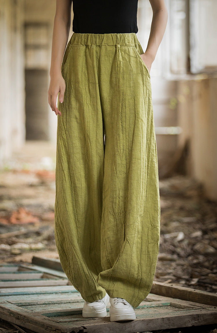 Linen pants, vintage women stonewashed linen wide leg pants, loose linen pants, elastic waist cotton linen casual pants, summer linen pants