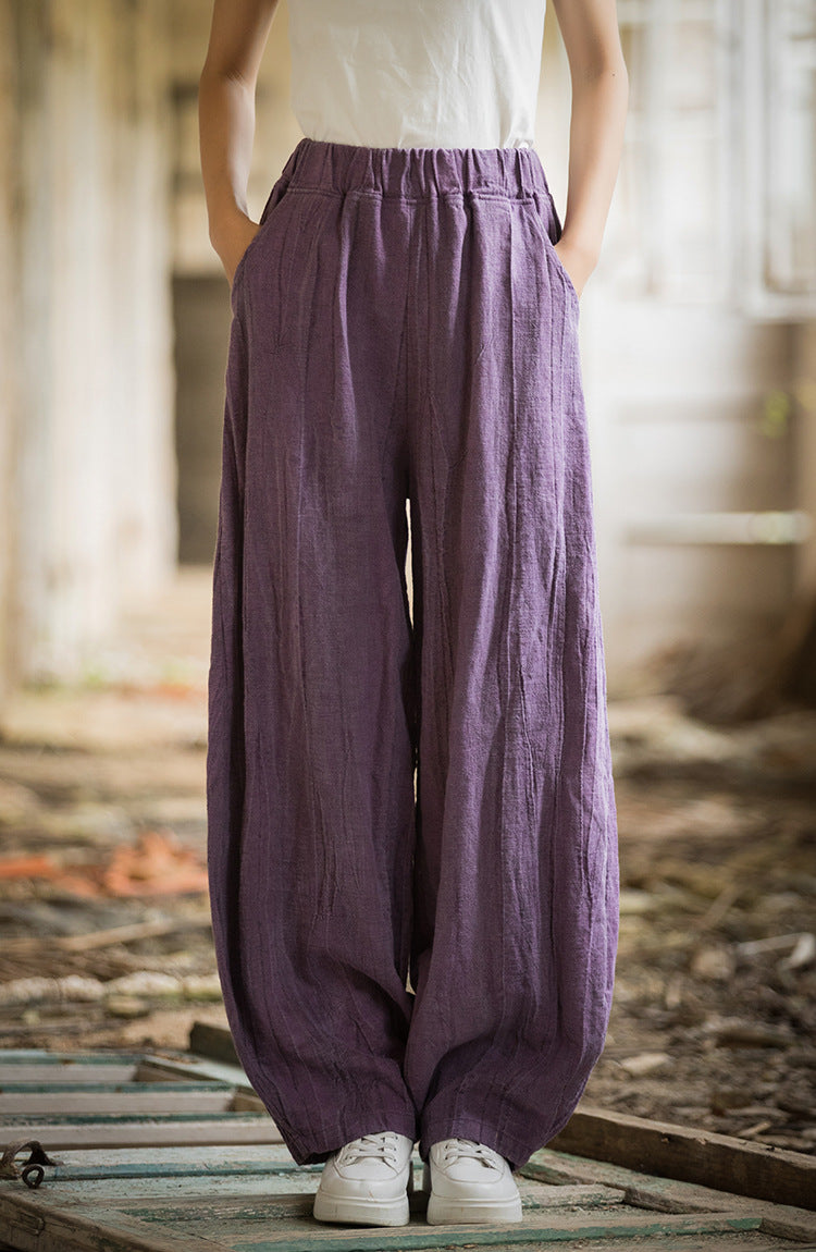 Linen pants, vintage women stonewashed linen wide leg pants, loose linen pants, elastic waist cotton linen casual pants, summer linen pants