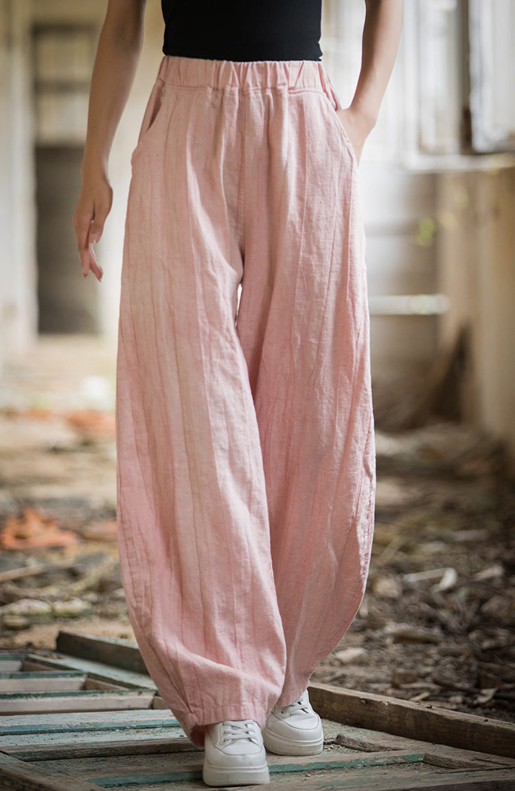 Linen pants, vintage women stonewashed linen wide leg pants, loose linen pants, elastic waist cotton linen casual pants, summer linen pants