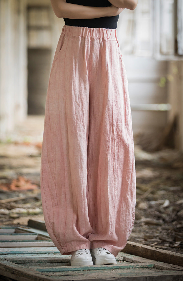 Linen pants, vintage women stonewashed linen wide leg pants, loose linen pants, elastic waist cotton linen casual pants, summer linen pants