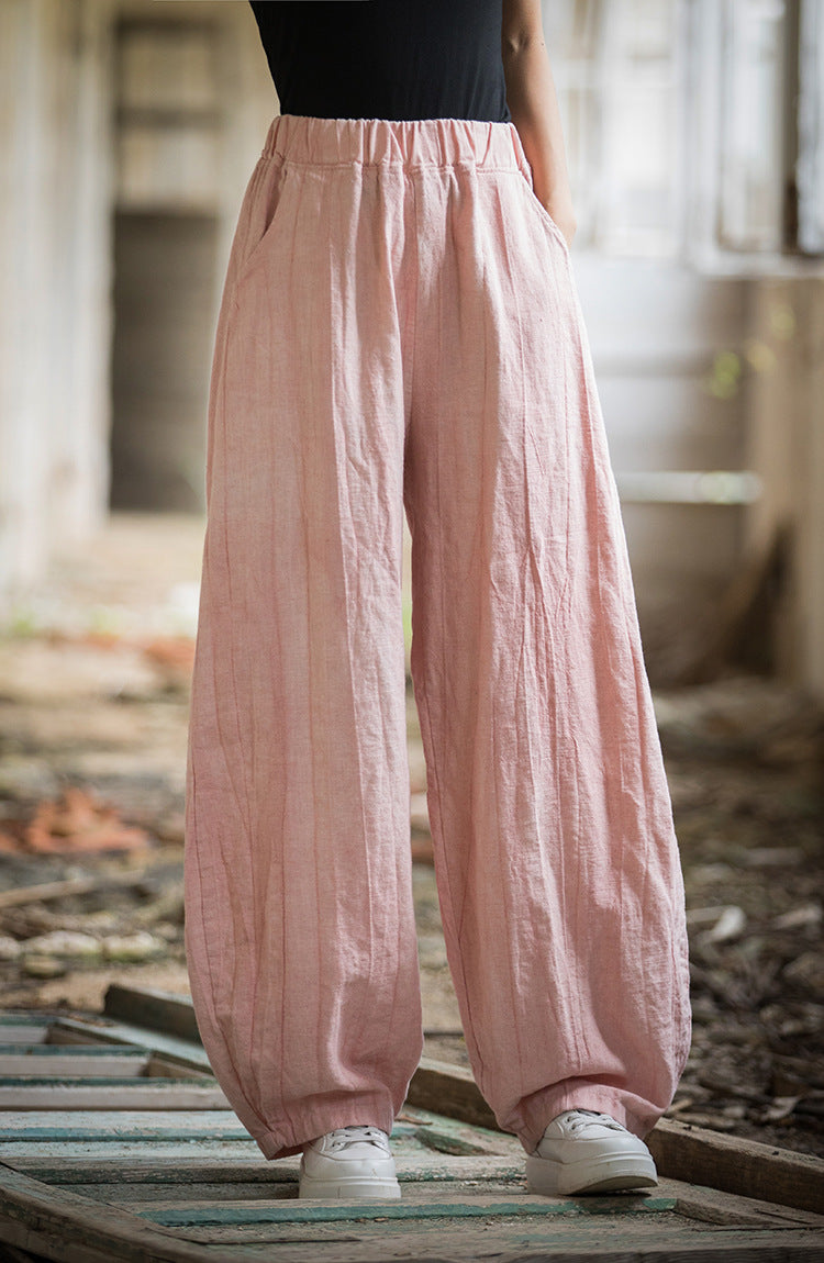 Linen pants, vintage women stonewashed linen wide leg pants, loose linen pants, elastic waist cotton linen casual pants, summer linen pants