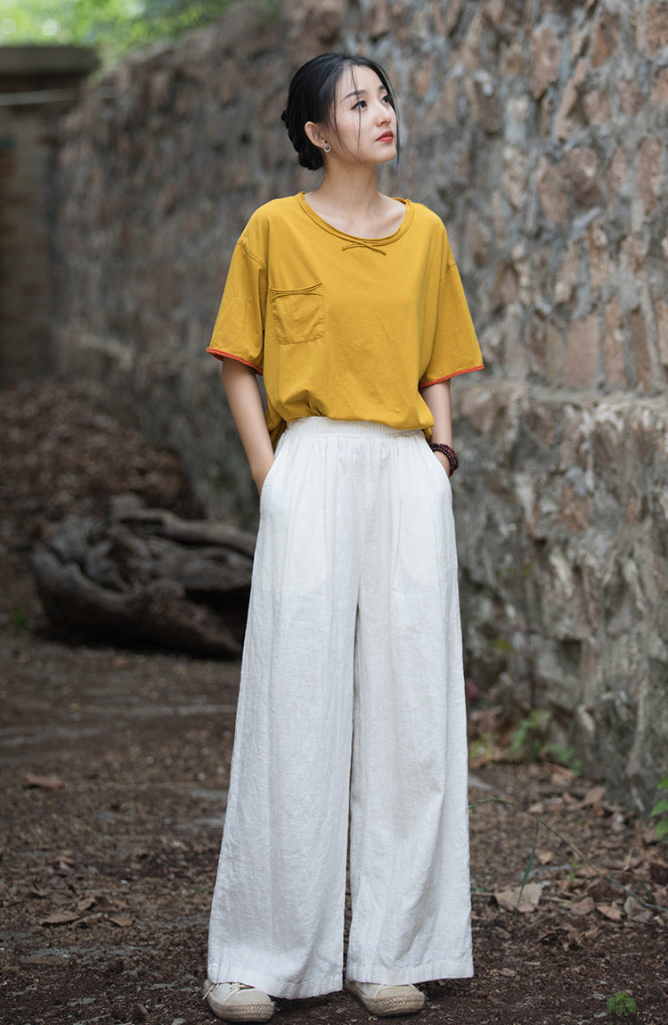 Linen Wide leg  pants, summer elastic waist cotton linen pants,vintage  loose cotton linen pants, women's summer linen pants