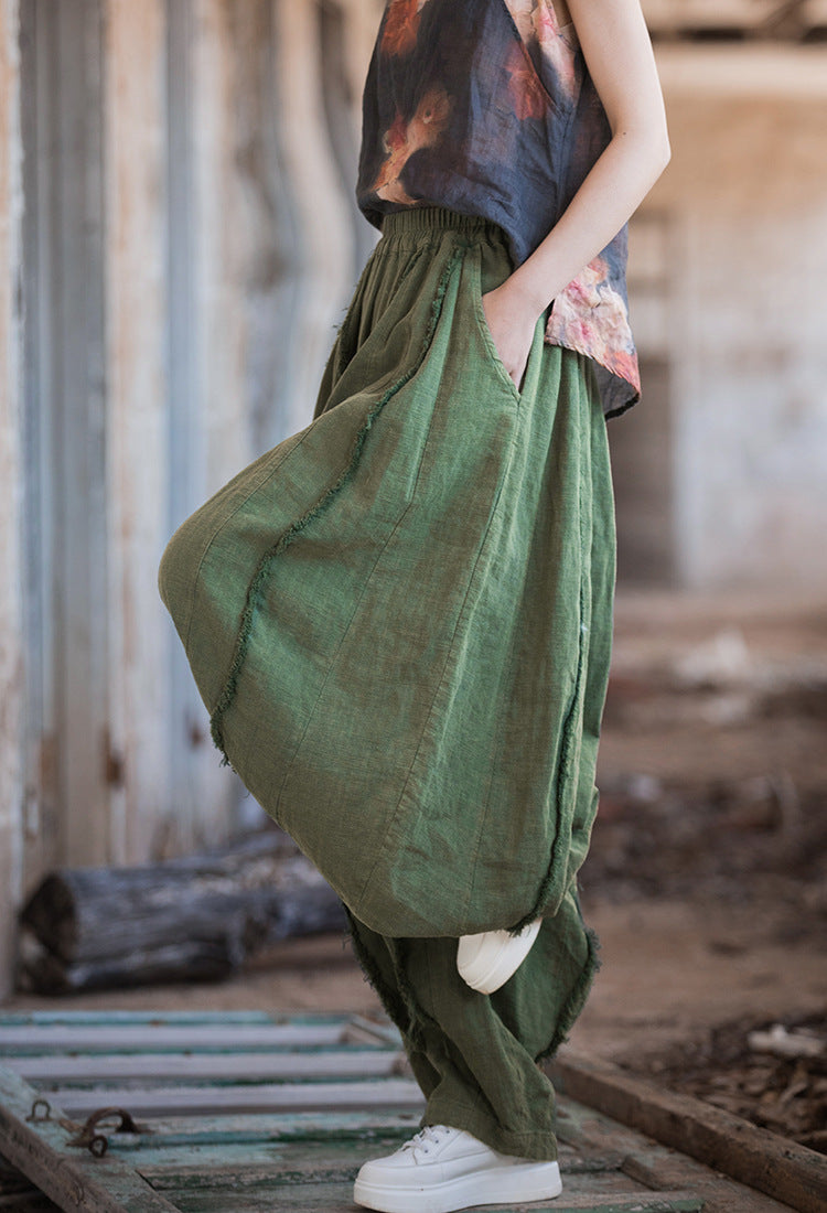 Women's linen harem pants, vintage stonewashed linen pants, loose cotton linen tapered pants, elastic waist casual linen pants