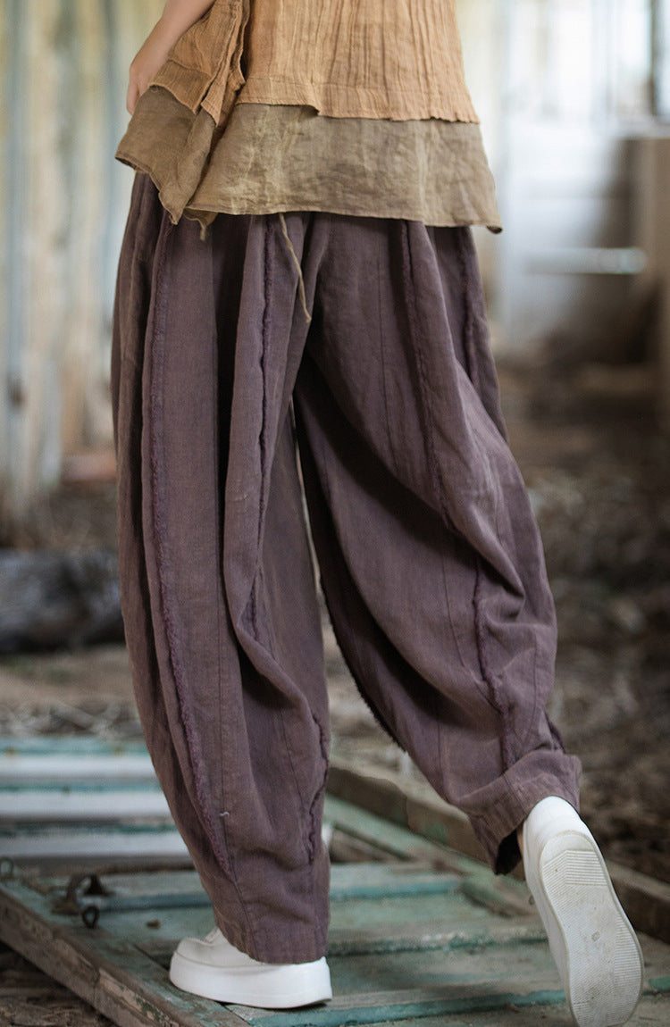 Women's linen harem pants, vintage stonewashed linen pants, loose cotton linen tapered pants, elastic waist casual linen pants