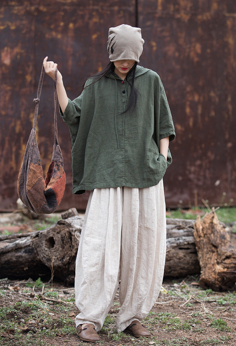 Summer vintage linen harem pants, loose elastic waist casual cotton linen pants, stone washed cotton linen wide leg pants