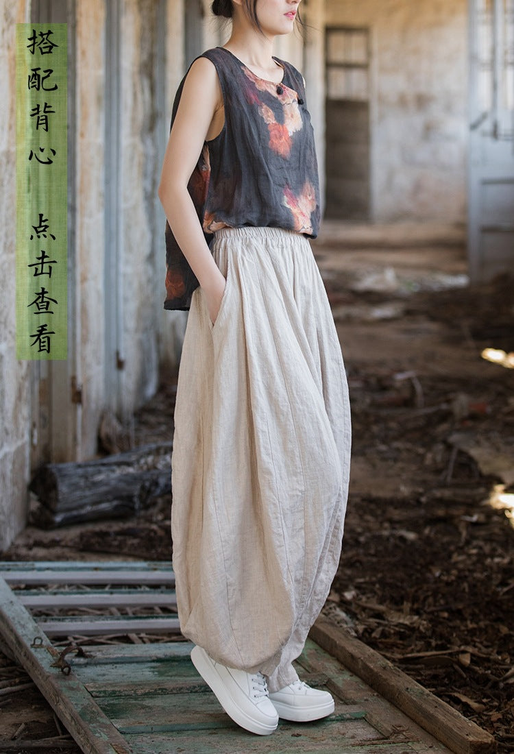 Summer vintage linen harem pants, loose elastic waist casual cotton linen pants, stone washed cotton linen wide leg pants