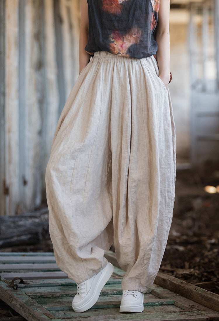 Summer vintage linen harem pants, loose elastic waist casual cotton linen pants, stone washed cotton linen wide leg pants