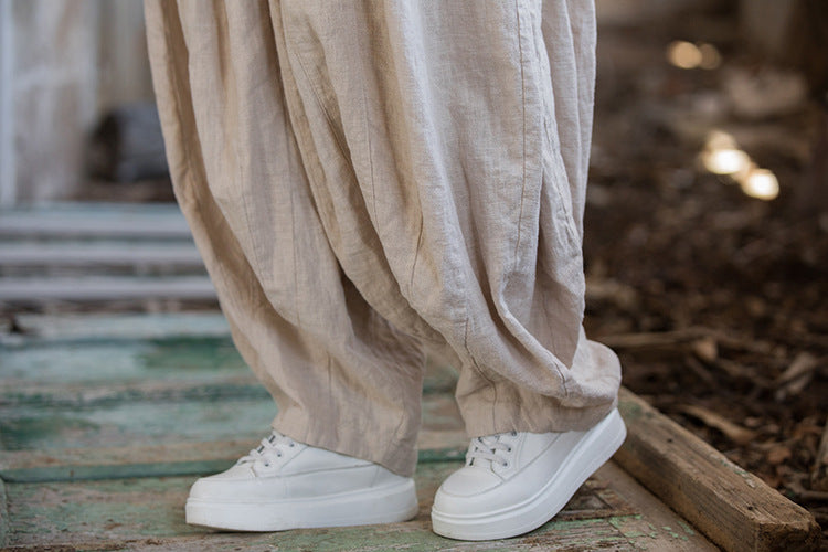 Summer vintage linen harem pants, loose elastic waist casual cotton linen pants, stone washed cotton linen wide leg pants