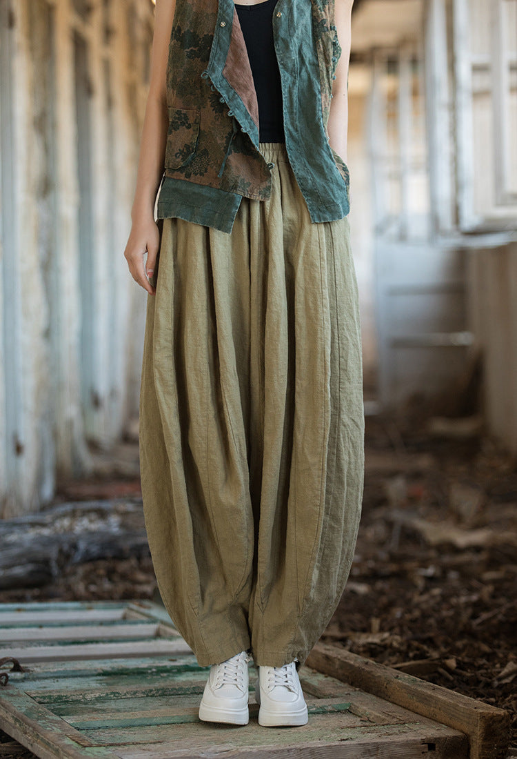 Summer vintage linen harem pants, loose elastic waist casual cotton linen pants, stone washed cotton linen wide leg pants