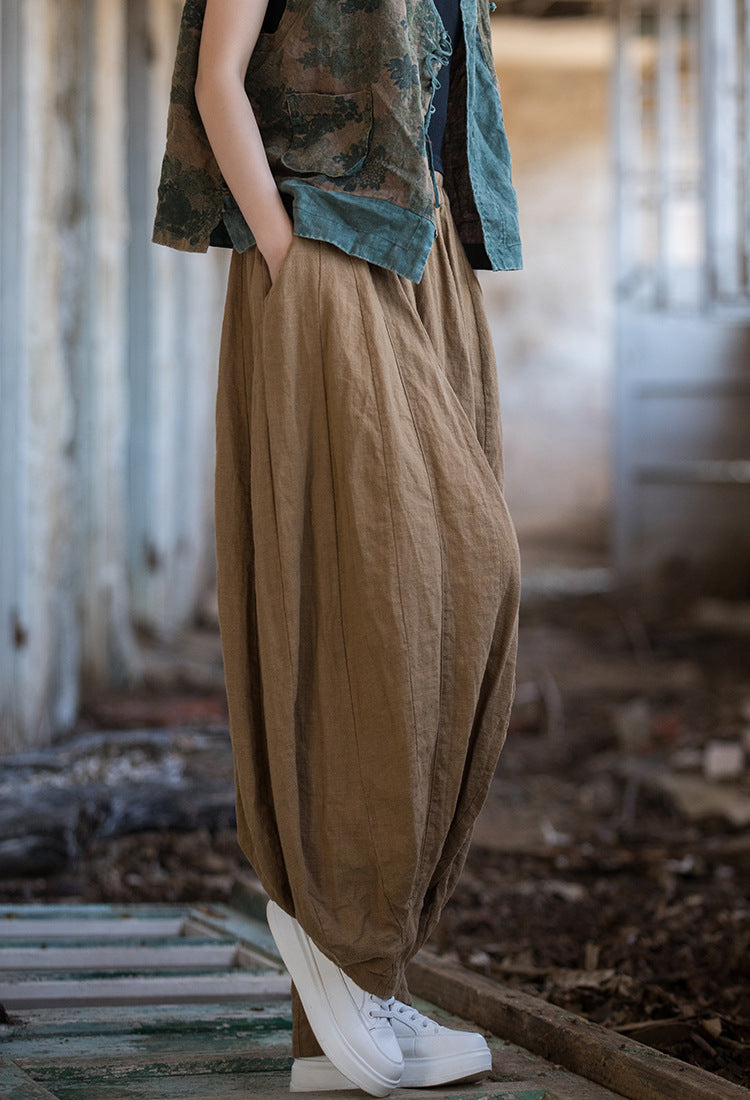 Summer vintage linen harem pants, loose elastic waist casual cotton linen pants, stone washed cotton linen wide leg pants