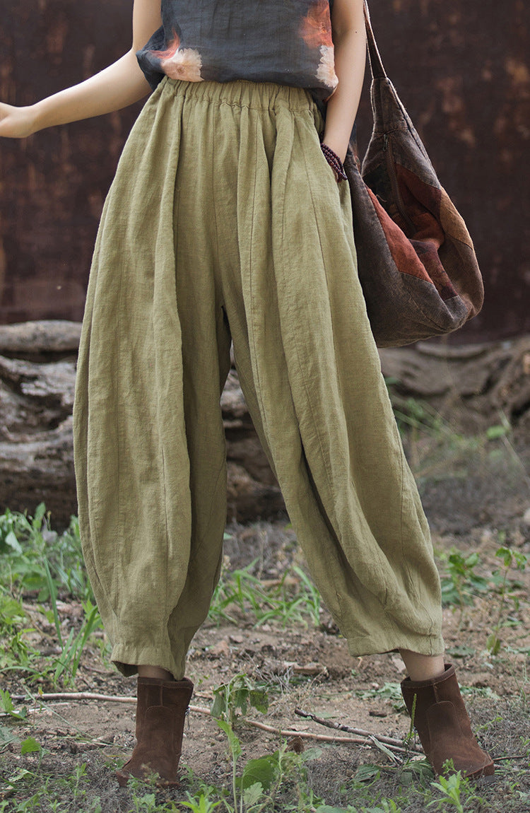 Women's linen harem pants, vintage stonewashed linen ankle pants, loose cotton linen tapered pants, elastic waist casual linen pants