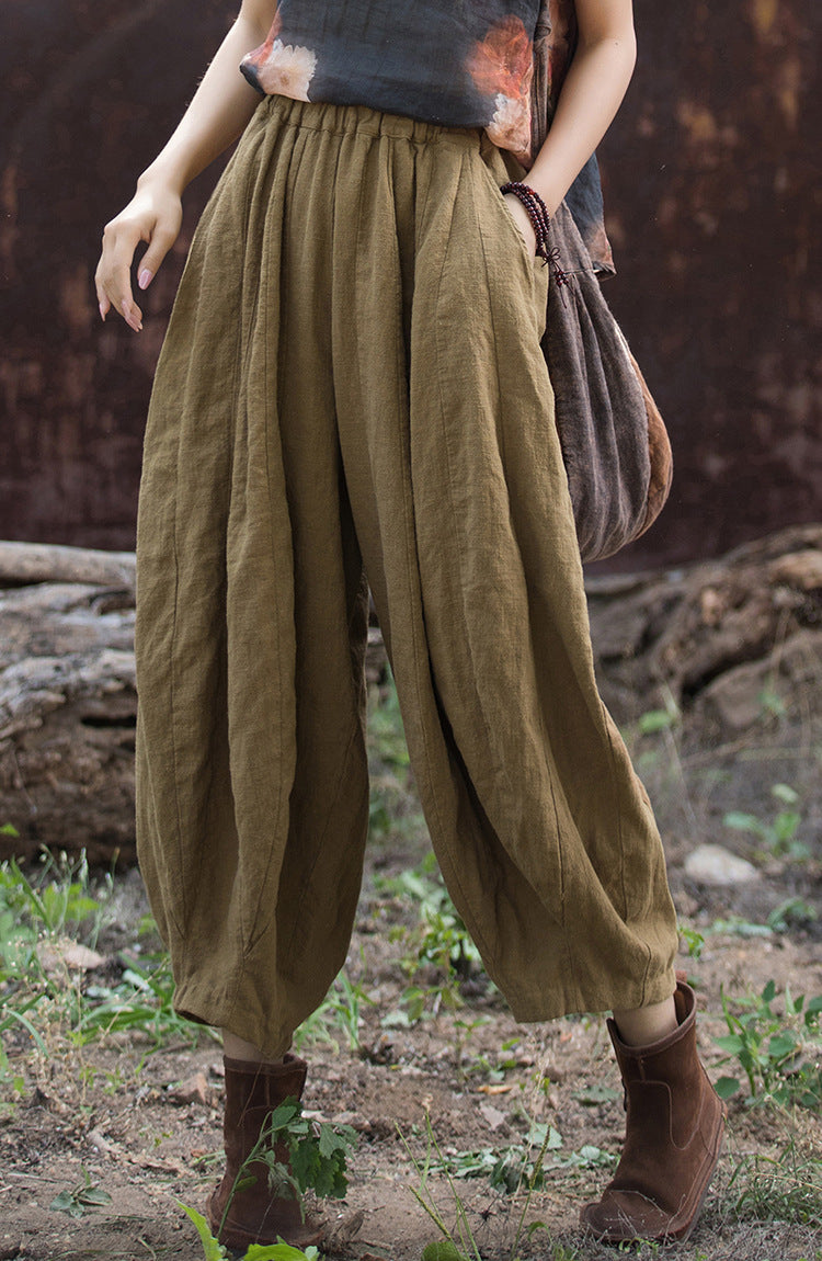 Women's linen harem pants, vintage stonewashed linen ankle pants, loose cotton linen tapered pants, elastic waist casual linen pants