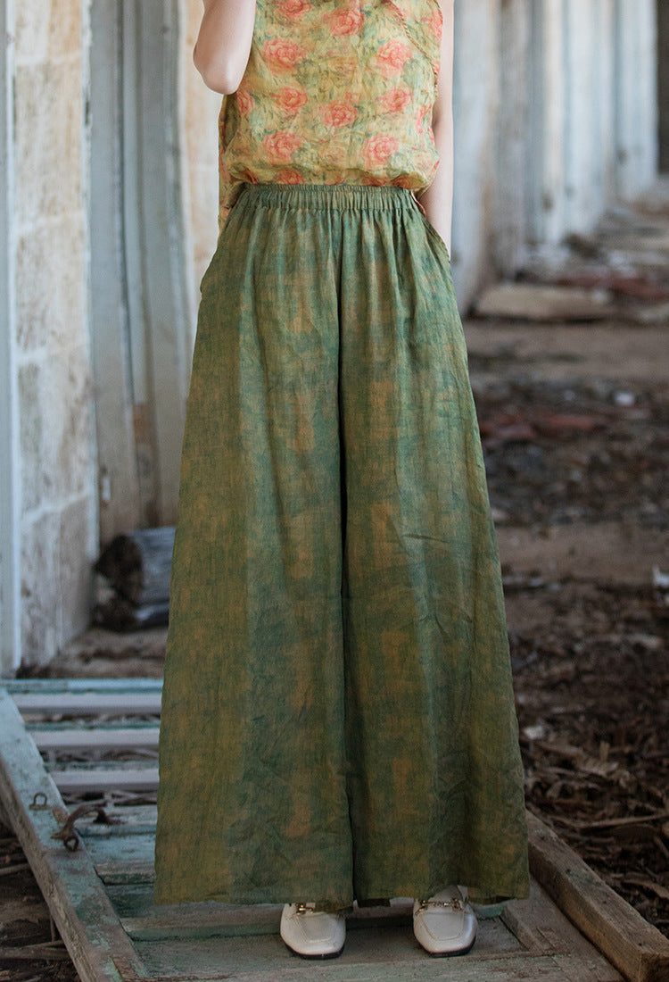 Summer printed linen wide-leg pants, elastic waist cotton linen wide-leg pants, women loose casual linen pants